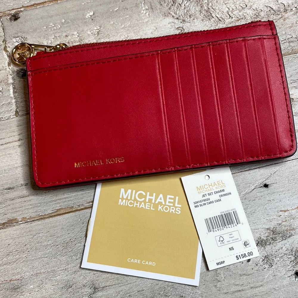 NWT MICHAEL KORS MK MD SLIM CARD CASE RED BRAND NEW Retail $158 AUTHENTIC WOW!!